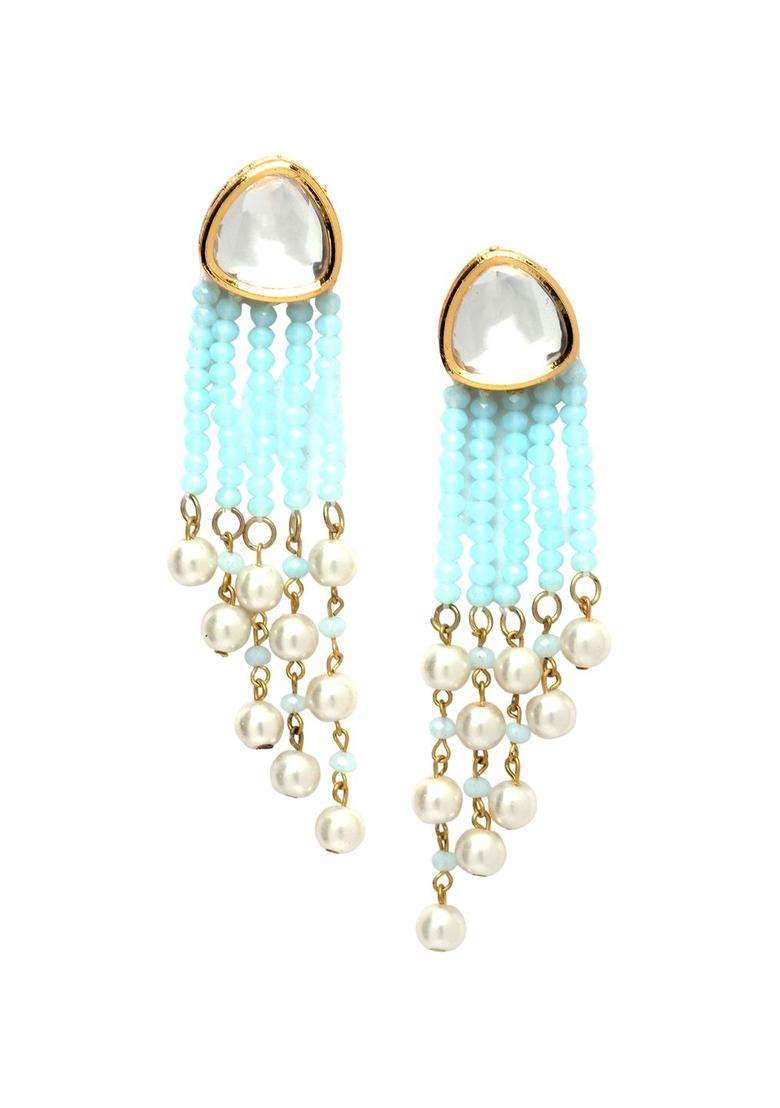 Blue Gold-Plated Stone Studded & Beaded Drop Kundan Earrings for Women | Stylish Party & Everyday Wear | Gift for Her - Indya
