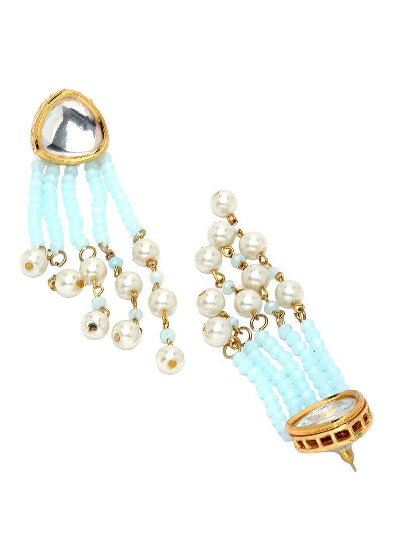 Blue Gold-Plated Stone Studded & Beaded Drop Kundan Earrings for Women | Stylish Party & Everyday Wear | Gift for Her - Indya