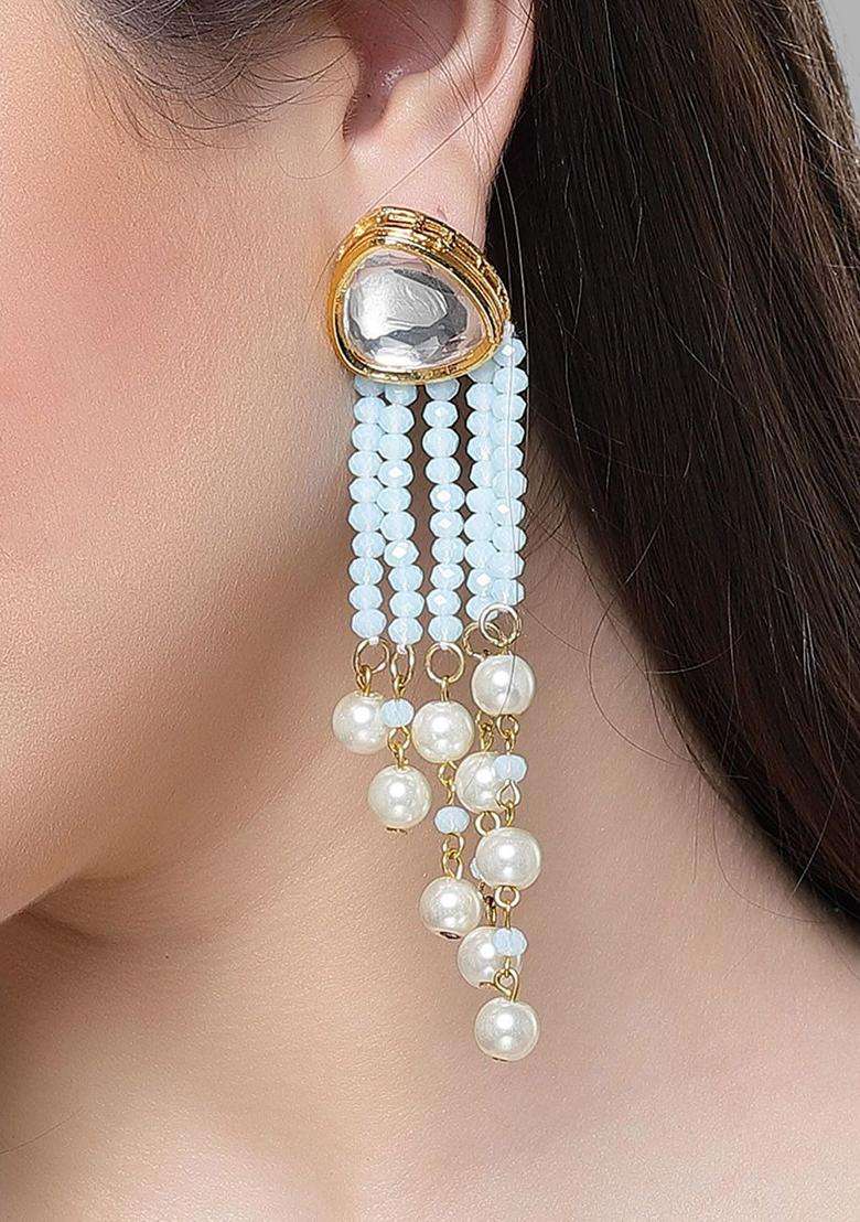 Blue Gold-Plated Stone Studded & Beaded Drop Kundan Earrings for Women | Stylish Party & Everyday Wear | Gift for Her - Indya