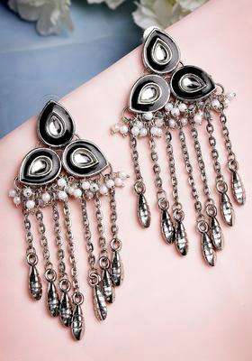 Black & White Silver-Plated Contemporary Drop Kundan Earrings for Women | Stylish Party & Everyday Wear | Gift for Her