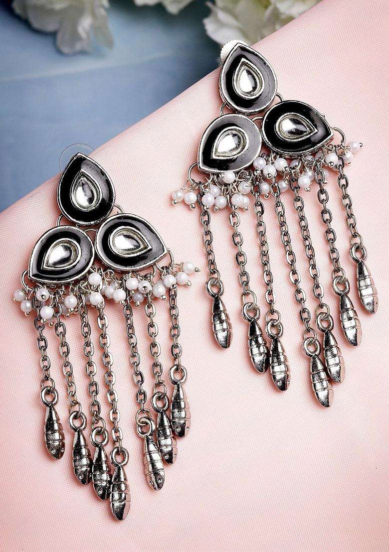 Black & White Silver-Plated Contemporary Drop Kundan Earrings for Women | Stylish Party & Everyday Wear | Gift for Her - Indya