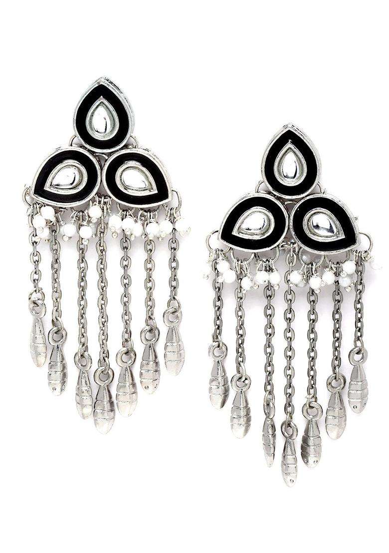 Black & White Silver-Plated Contemporary Drop Kundan Earrings for Women | Stylish Party & Everyday Wear | Gift for Her - Indya