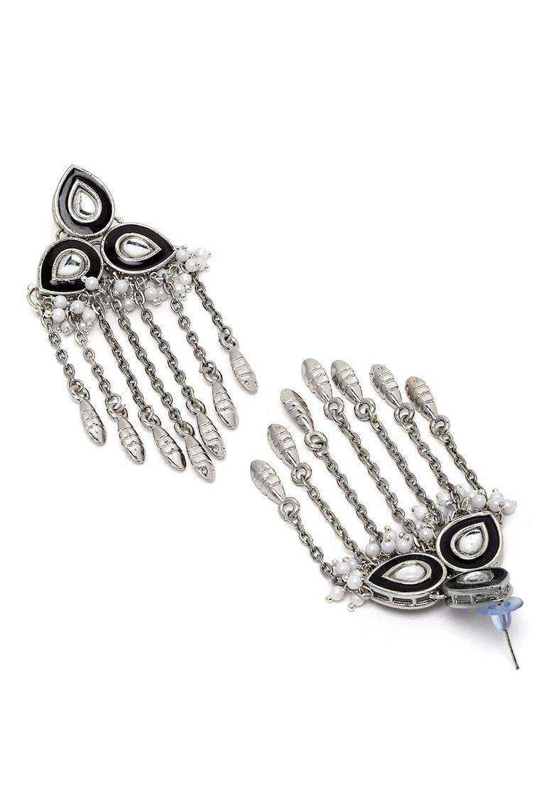 Black & White Silver-Plated Contemporary Drop Kundan Earrings for Women | Stylish Party & Everyday Wear | Gift for Her - Indya