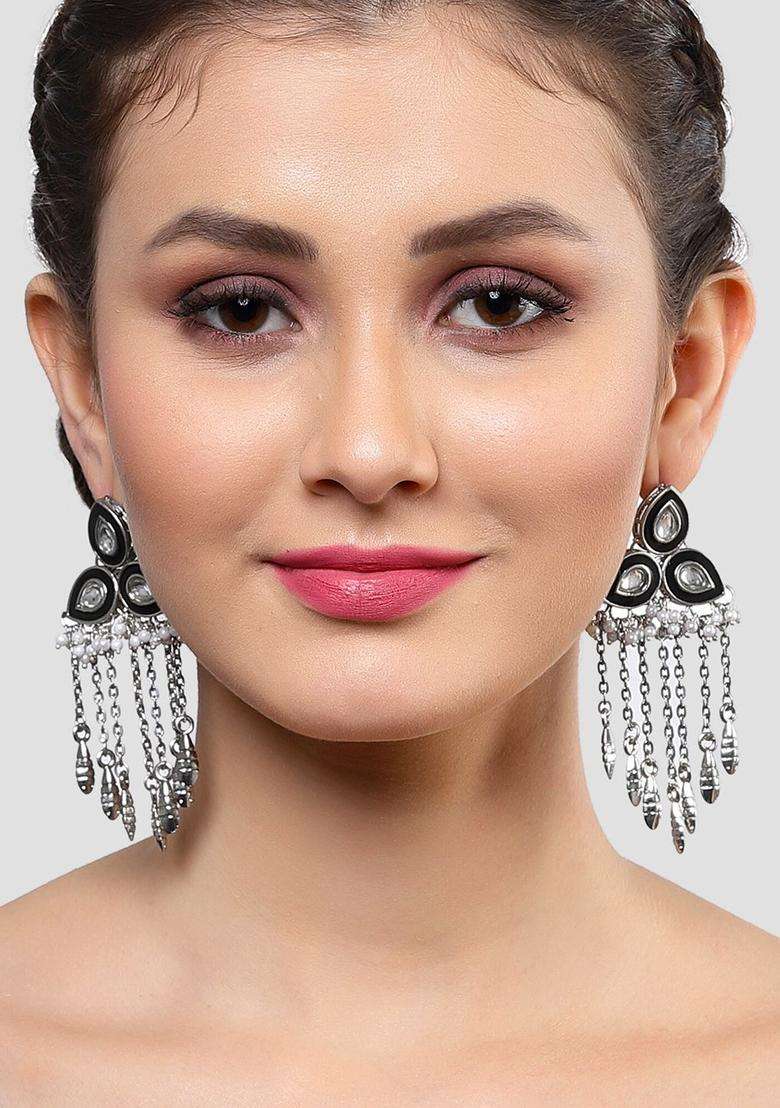 Black & White Silver-Plated Contemporary Drop Kundan Earrings for Women | Stylish Party & Everyday Wear | Gift for Her - Indya