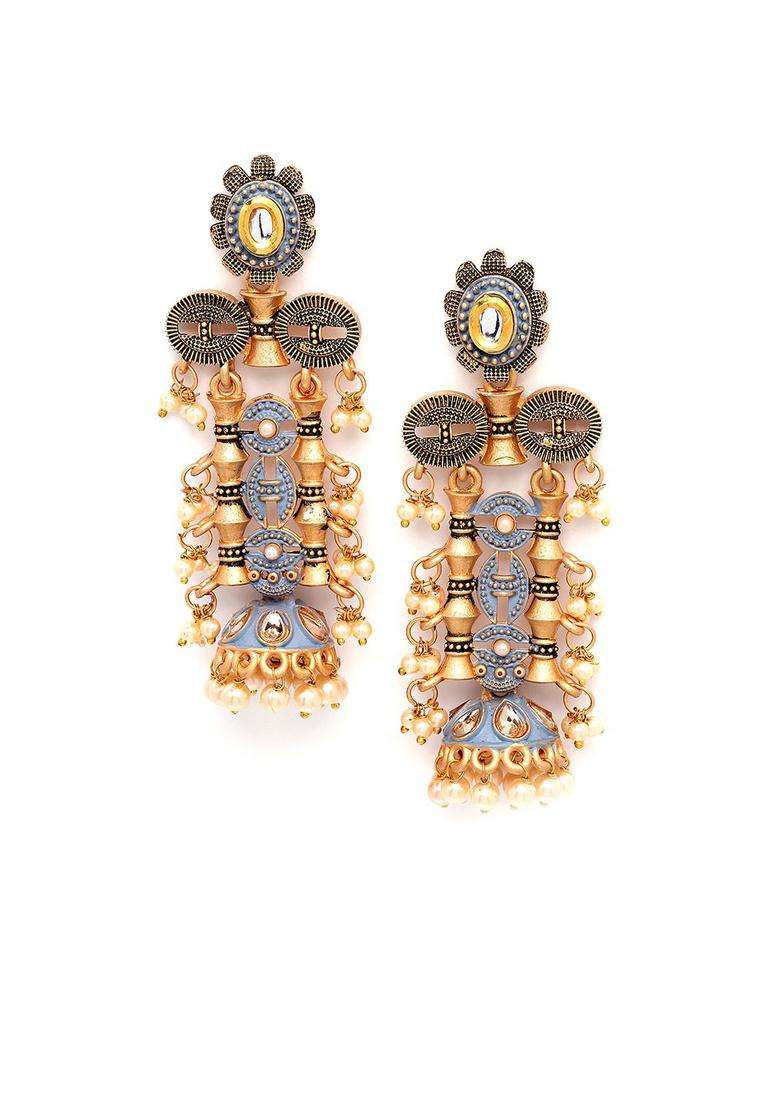 Grey Gold-Plated Jhumkas Kundan Drop Earrings for Women | Fusion Party & Festive Wear | Gift for Her - Indya
