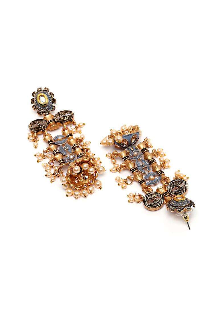 Grey Gold-Plated Jhumkas Kundan Drop Earrings for Women | Fusion Party & Festive Wear | Gift for Her - Indya