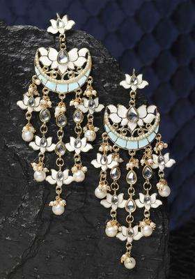 White Gold-Plated Stone Studded & Beaded Drop Kundan Earrings for Women | Fusion Party & Festive Wear | Gift for Her