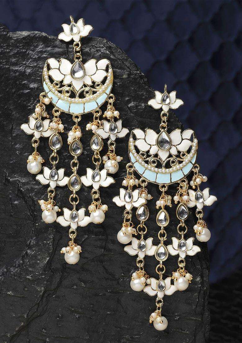 White Gold-Plated Stone Studded & Beaded Drop Kundan Earrings for Women | Fusion Party & Festive Wear | Gift for Her - Indya