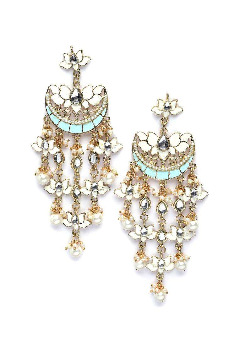 White Gold-Plated Stone Studded & Beaded Drop Kundan Earrings for Women | Fusion Party & Festive Wear | Gift for Her - Indya