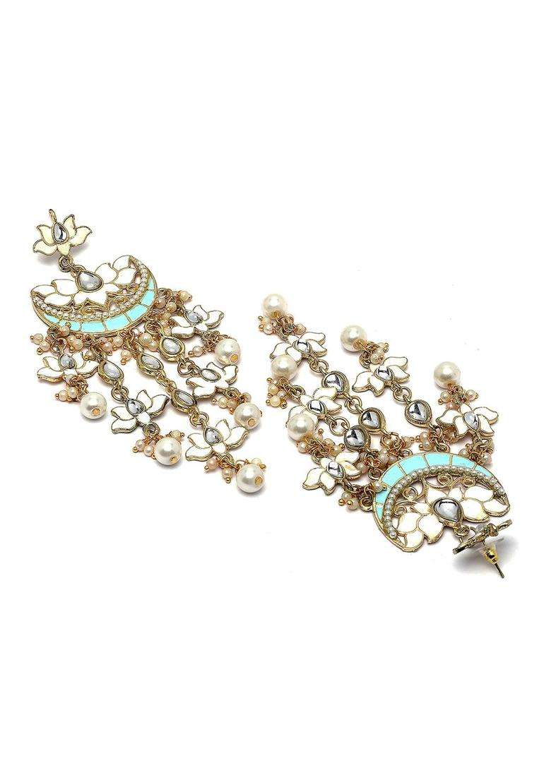 White Gold-Plated Stone Studded & Beaded Drop Kundan Earrings for Women | Fusion Party & Festive Wear | Gift for Her - Indya
