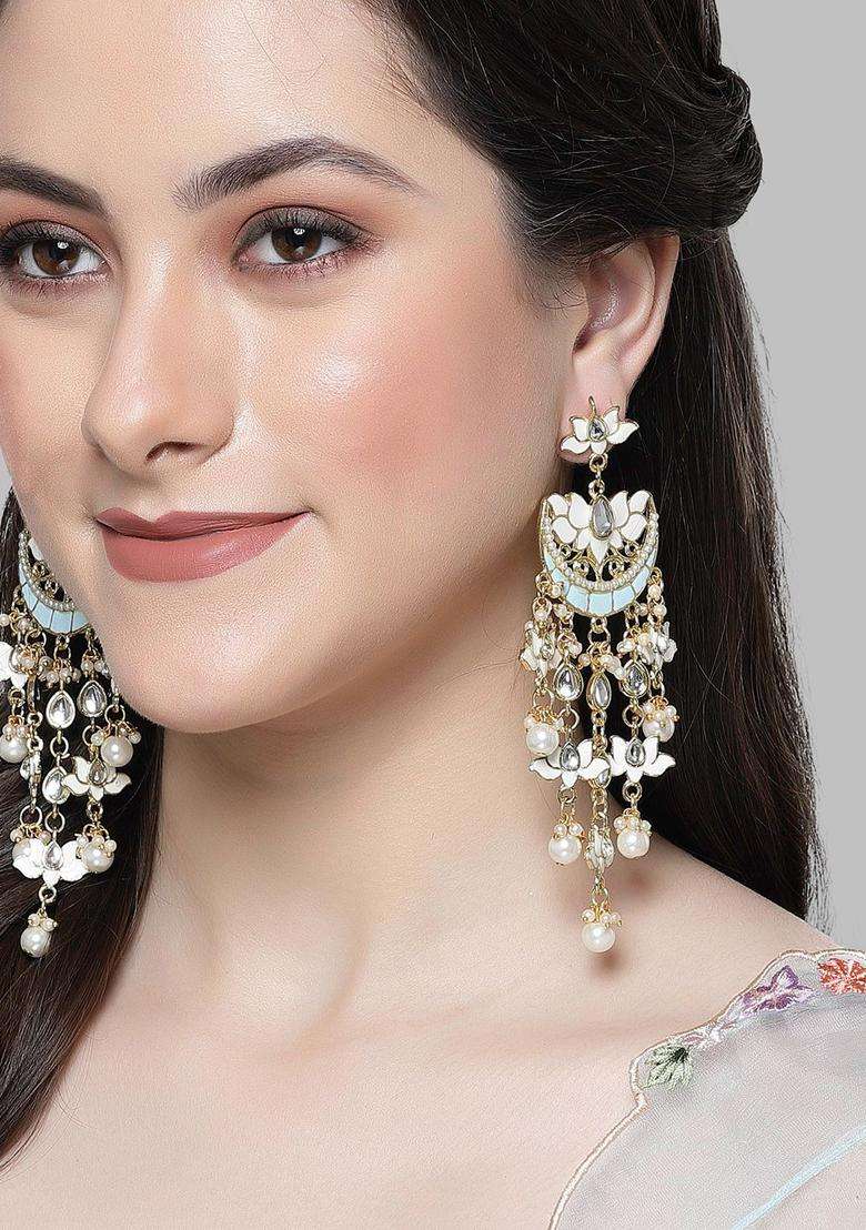 White Gold-Plated Stone Studded & Beaded Drop Kundan Earrings for Women | Fusion Party & Festive Wear | Gift for Her - Indya