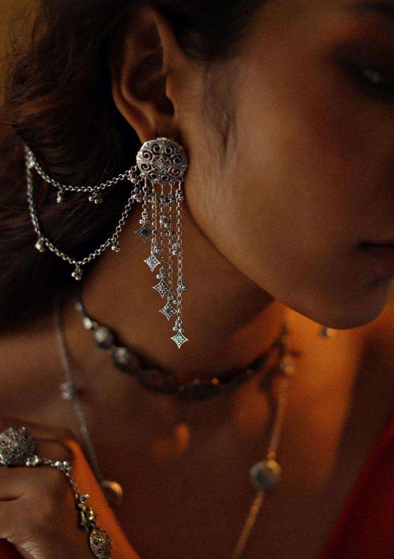 925 Sterling Silver-Plated Artificial Beads Beaded Thar Dhora Bhujali Drop Earrings for Women | Traditional Ethnic Jewellery for Wedding & Festive Wear | Gift for Her - Indya