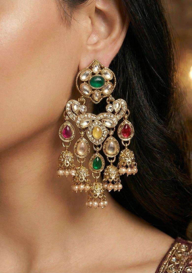 Gold-Plated Geometric Jhumkas Earrings for Women | Traditional Ethnic Jewellery for Wedding & Festive Wear | Gift for Her - Indya