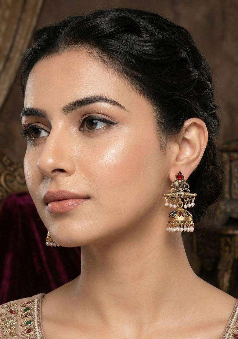 Gold-Plated Geometric Jhumkas Earrings for Women | Traditional Ethnic Jewellery for Wedding & Festive Wear | Gift for Her - Indya