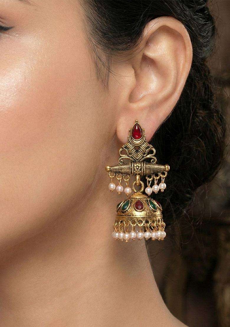 Gold-Plated Geometric Jhumkas Earrings for Women | Traditional Ethnic Jewellery for Wedding & Festive Wear | Gift for Her - Indya