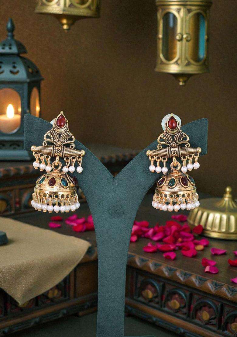 Gold-Plated Geometric Jhumkas Earrings for Women | Traditional Ethnic Jewellery for Wedding & Festive Wear | Gift for Her - Indya