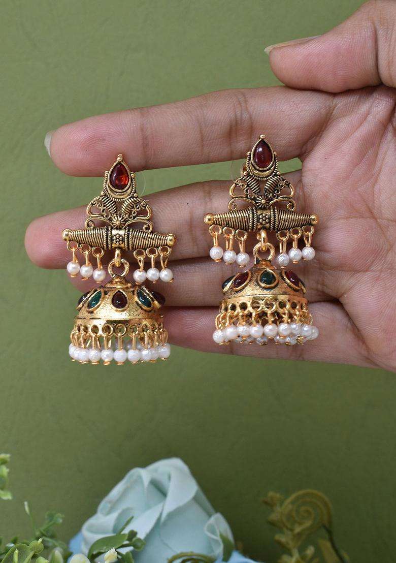 Gold-Plated Geometric Jhumkas Earrings for Women | Traditional Ethnic Jewellery for Wedding & Festive Wear | Gift for Her - Indya
