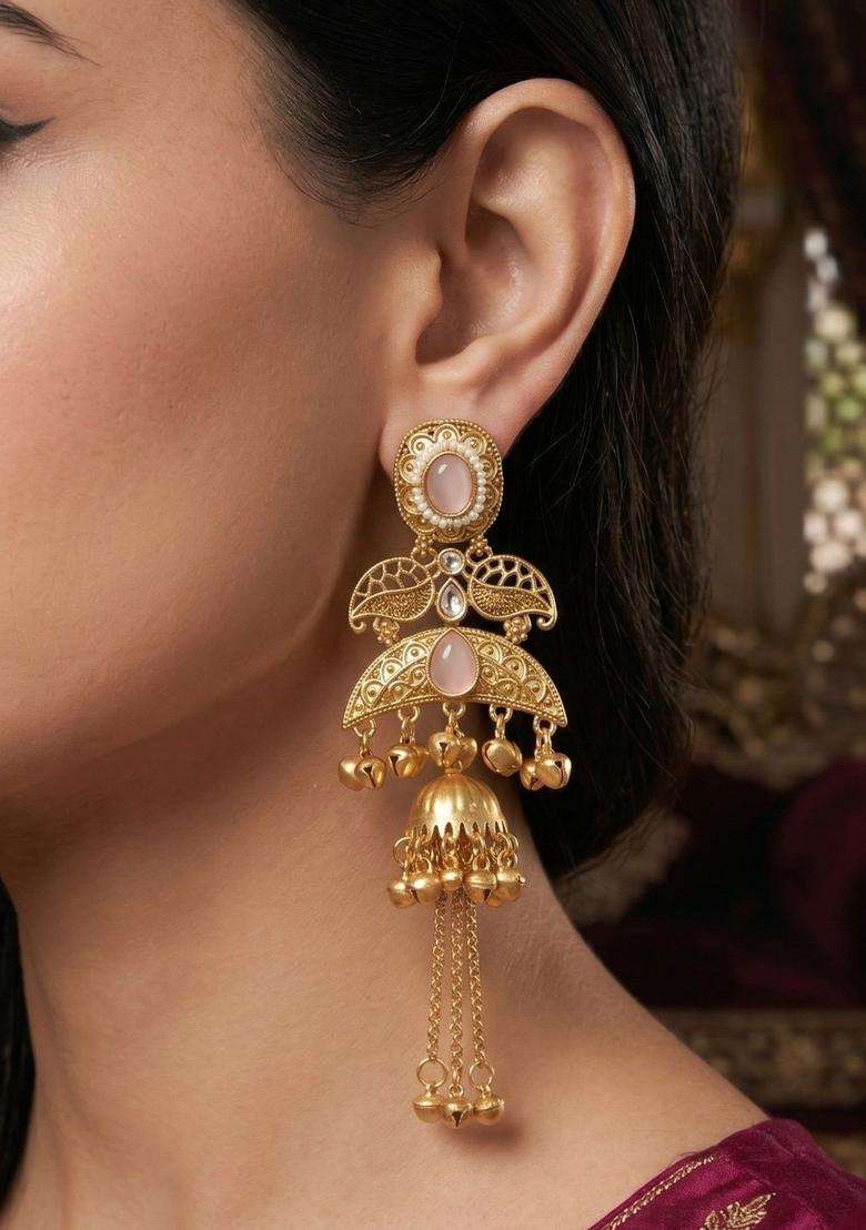 Gold-Plated Geometric Jhumkas Earrings for Women | Traditional Ethnic Jewellery for Wedding & Festive Wear | Gift for Her - Indya