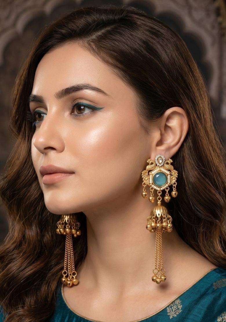 Gold-Plated Geometric Jhumkas Earrings for Women | Traditional Ethnic Jewellery for Wedding & Festive Wear | Gift for Her - Indya
