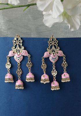 Gold-Plated Kundan Studded & Beaded Enamelled Dome Shaped Jhumkas for Women | Traditional Ethnic Jewellery for Wedding & Festive Wear | Gift for Her