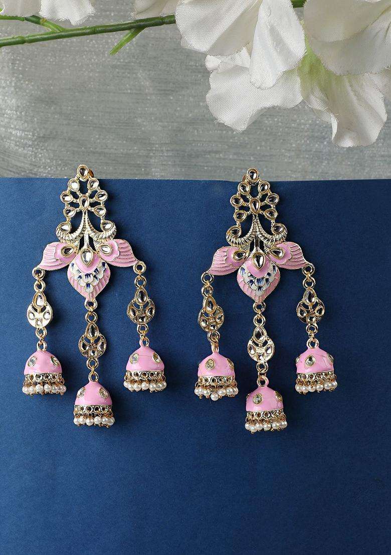 Gold-Plated Kundan Studded & Beaded Enamelled Dome Shaped Jhumkas for Women | Traditional Ethnic Jewellery for Wedding & Festive Wear | Gift for Her - Indya