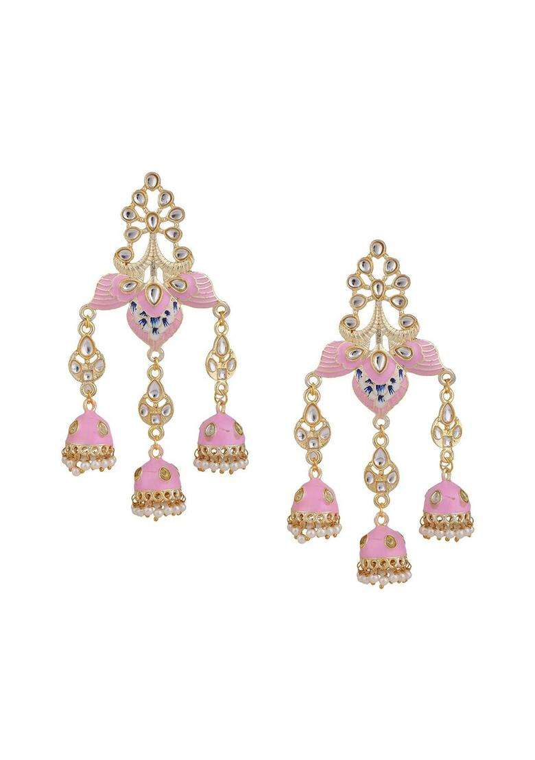 Gold-Plated Kundan Studded & Beaded Enamelled Dome Shaped Jhumkas for Women | Traditional Ethnic Jewellery for Wedding & Festive Wear | Gift for Her - Indya