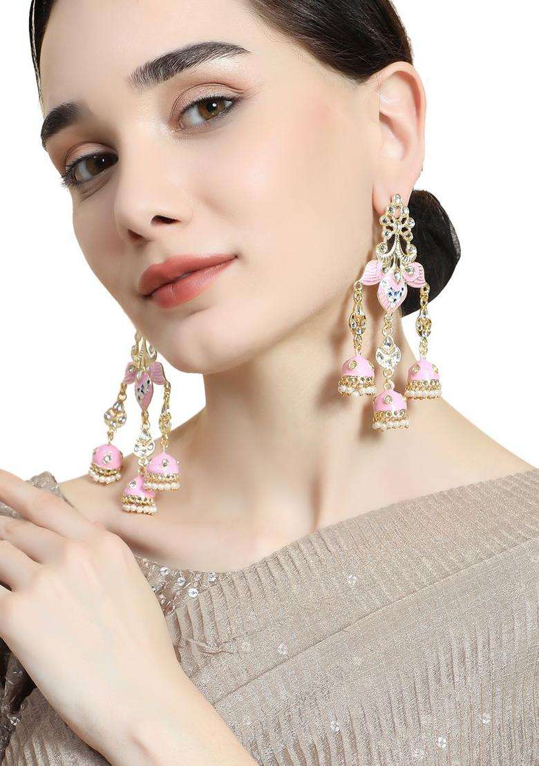 Gold-Plated Kundan Studded & Beaded Enamelled Dome Shaped Jhumkas for Women | Traditional Ethnic Jewellery for Wedding & Festive Wear | Gift for Her - Indya