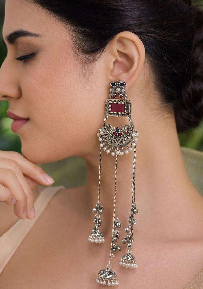 Silver-Plated Crescent Shaped Drop Earrings for Women | Traditional Ethnic Jewellery for Wedding & Festive Wear | Gift for Her - Indya
