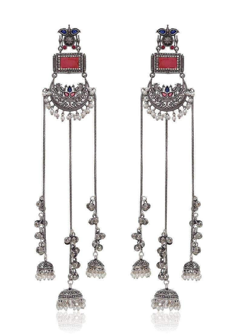 Silver-Plated Crescent Shaped Drop Earrings for Women | Traditional Ethnic Jewellery for Wedding & Festive Wear | Gift for Her - Indya