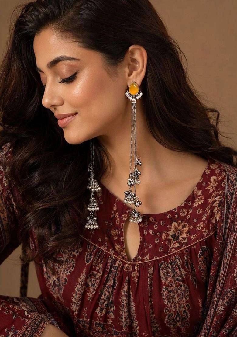 Silver-Plated Teardrop Shaped Drop Earrings for Women | Traditional Ethnic Jewellery for Wedding & Festive Wear | Gift for Her - Indya