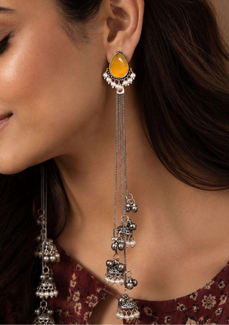 Silver-Plated Teardrop Shaped Drop Earrings for Women | Traditional Ethnic Jewellery for Wedding & Festive Wear | Gift for Her - Indya