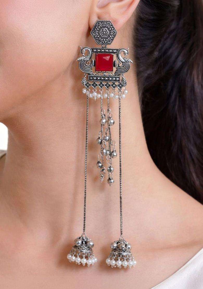 Silver-Plated Geometric Drop Earrings for Women | Traditional Ethnic Jewellery for Wedding & Festive Wear | Gift for Her - Indya