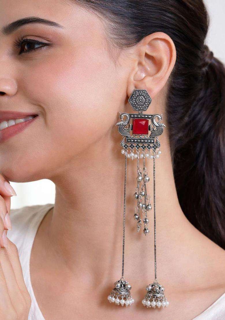 Silver-Plated Geometric Drop Earrings for Women | Traditional Ethnic Jewellery for Wedding & Festive Wear | Gift for Her - Indya