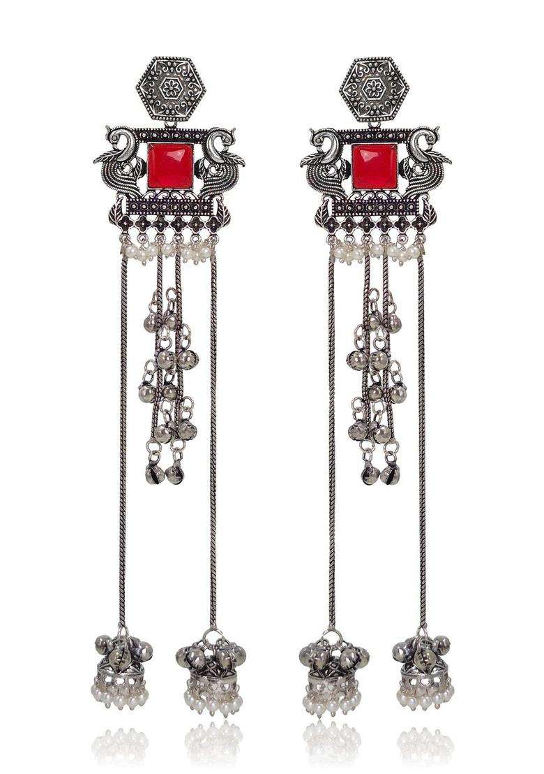 Silver-Plated Geometric Drop Earrings for Women | Traditional Ethnic Jewellery for Wedding & Festive Wear | Gift for Her - Indya
