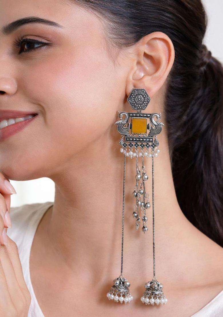 Silver-Plated Geometric Drop Earrings for Women | Traditional Ethnic Jewellery for Wedding & Festive Wear | Gift for Her - Indya