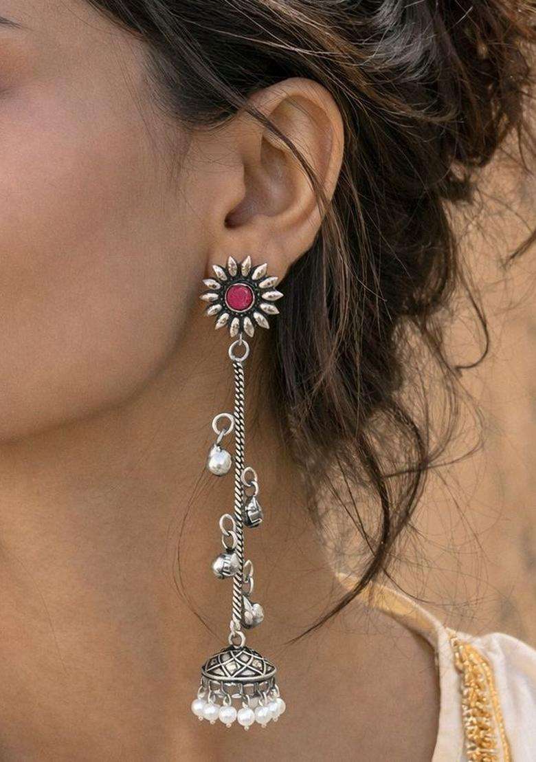 Silver-Plated Floral Drop Earrings for Women | Traditional Ethnic Jewellery for Wedding & Festive Wear | Gift for Her - Indya