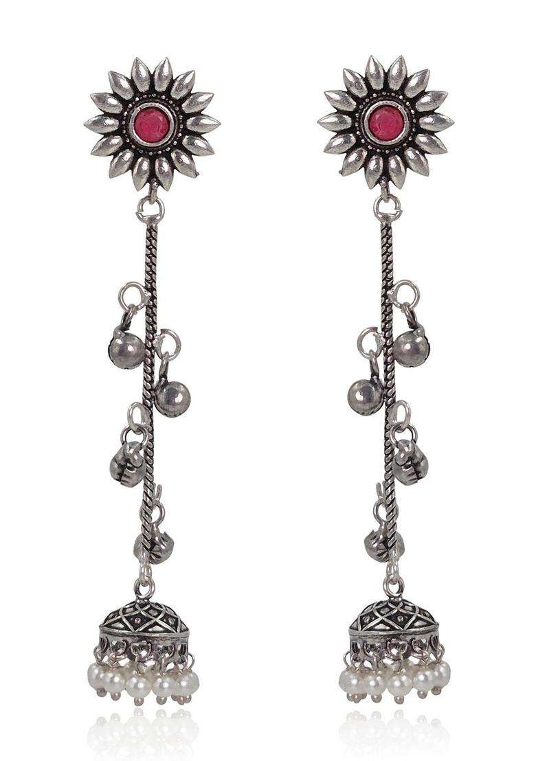 Silver-Plated Floral Drop Earrings for Women | Traditional Ethnic Jewellery for Wedding & Festive Wear | Gift for Her - Indya