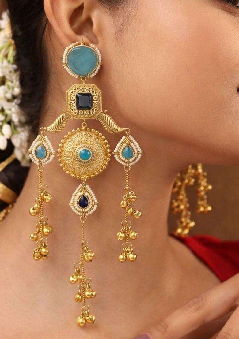 Gold-Plated Geometric Drop Earrings for Women | Traditional Ethnic Jewellery for Wedding & Festive Wear | Gift for Her - Indya