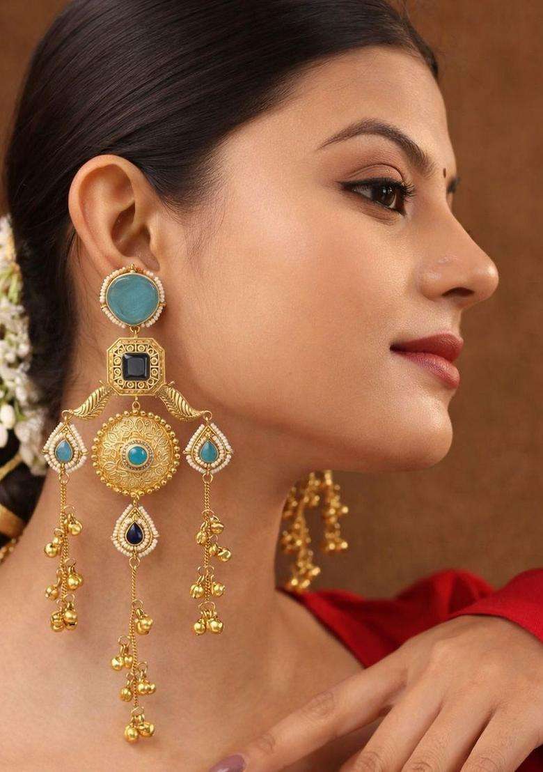 Gold-Plated Geometric Drop Earrings for Women | Traditional Ethnic Jewellery for Wedding & Festive Wear | Gift for Her - Indya