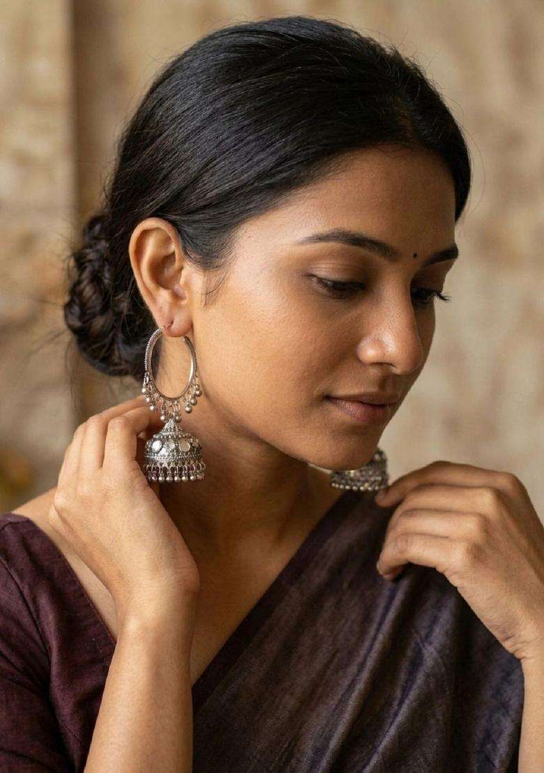Silver-Plated Circular Jhumkas Earrings for Women | Traditional Ethnic Jewellery for Wedding & Festive Wear | Gift for Her - Indya