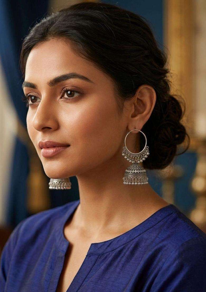 Silver-Plated Geometric Jhumkas Earrings for Women | Traditional Ethnic Jewellery for Wedding & Festive Wear | Gift for Her - Indya