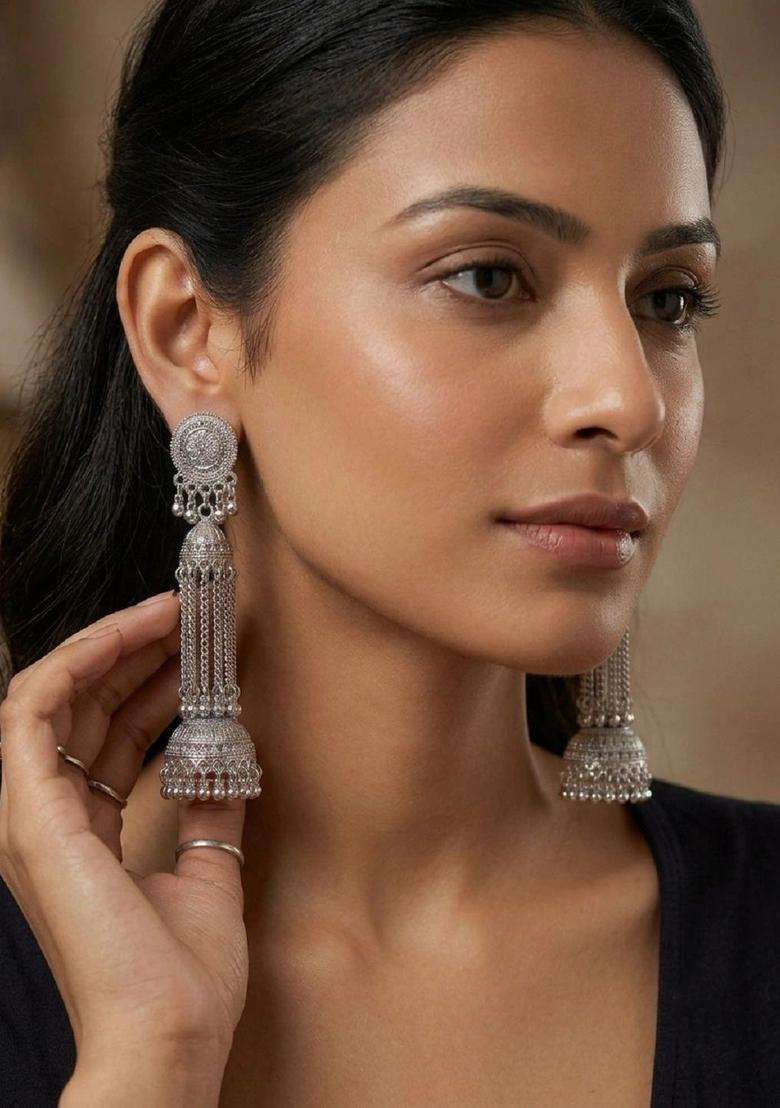 Silver-Plated Circular Jhumkas Earrings for Women | Traditional Ethnic Jewellery for Wedding & Festive Wear | Gift for Her - Indya