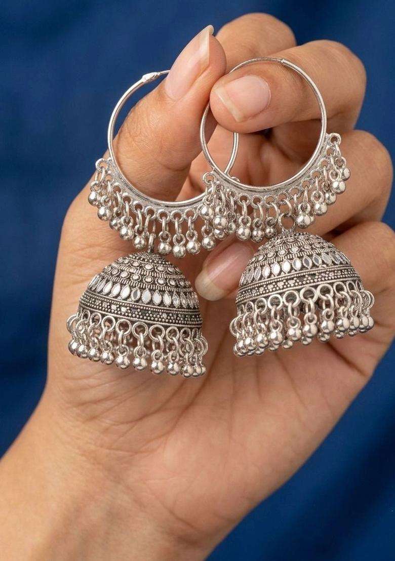 Silver-Plated Circular Jhumkas Earrings for Women | Traditional Ethnic Jewellery for Wedding & Festive Wear | Gift for Her - Indya
