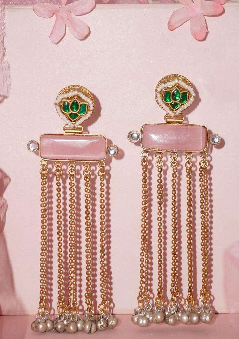 Gold-Plated Artificial Stones Studded and Beaded Contemporary Drop Earrings for Women | Fusion Party & Festive Wear | Gift for Her - Indya