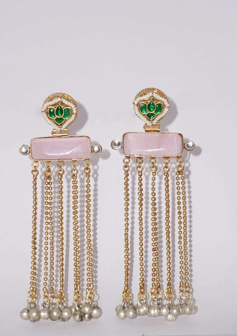 Gold-Plated Artificial Stones Studded and Beaded Contemporary Drop Earrings for Women | Fusion Party & Festive Wear | Gift for Her - Indya