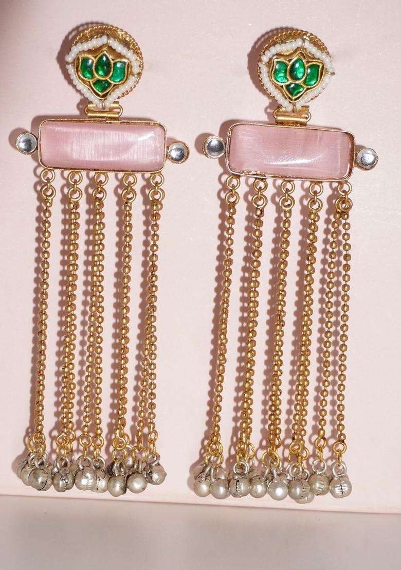 Gold-Plated Artificial Stones Studded and Beaded Contemporary Drop Earrings for Women | Fusion Party & Festive Wear | Gift for Her - Indya