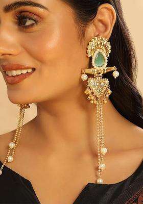 Gold-Plated Chalcedony Studded Contemporary Drop Earrings for Women | Traditional Ethnic Jewellery for Wedding & Festive Wear | Gift for Her