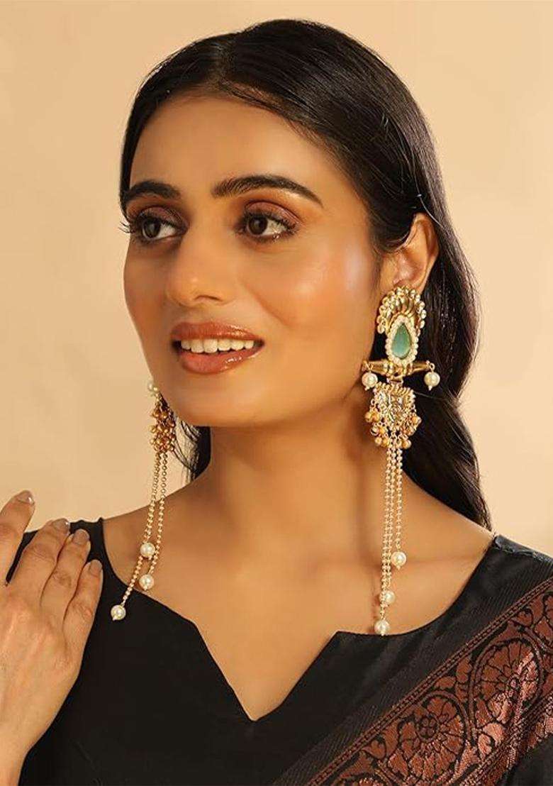 Gold-Plated Chalcedony Studded Contemporary Drop Earrings for Women | Traditional Ethnic Jewellery for Wedding & Festive Wear | Gift for Her - Indya