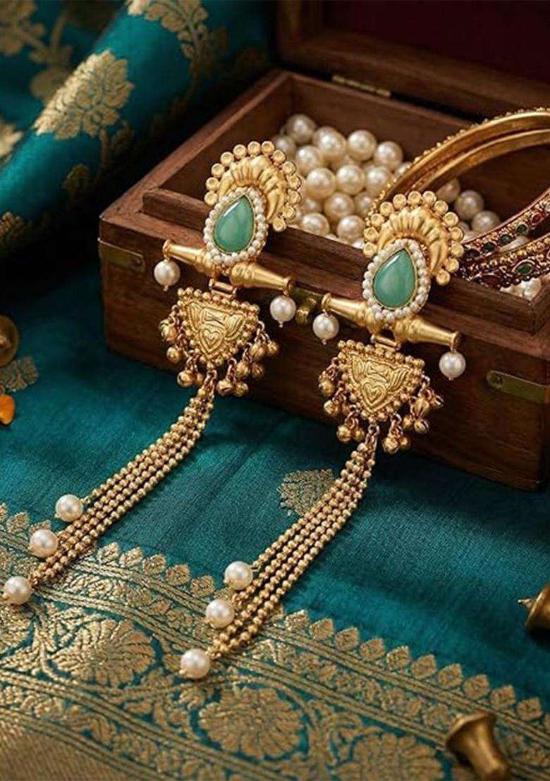 Gold-Plated Chalcedony Studded Contemporary Drop Earrings for Women | Traditional Ethnic Jewellery for Wedding & Festive Wear | Gift for Her - Indya