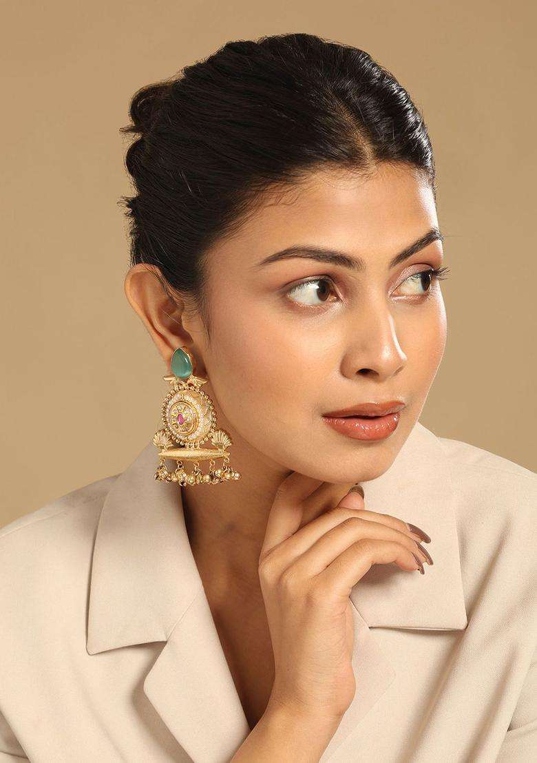 Gold-Plated Artificial Stones Studded Contemporary Shaped Drop Earrings for Women | Traditional Ethnic Jewellery for Wedding & Festive Wear | Gift for Her - Indya